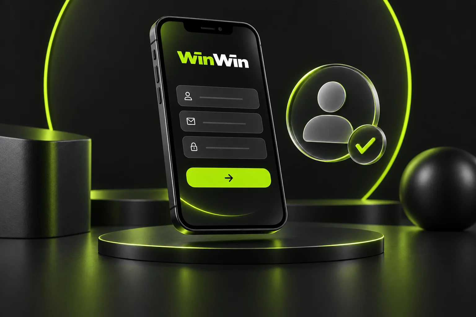 WinWin registration fields and a confirmation symbol