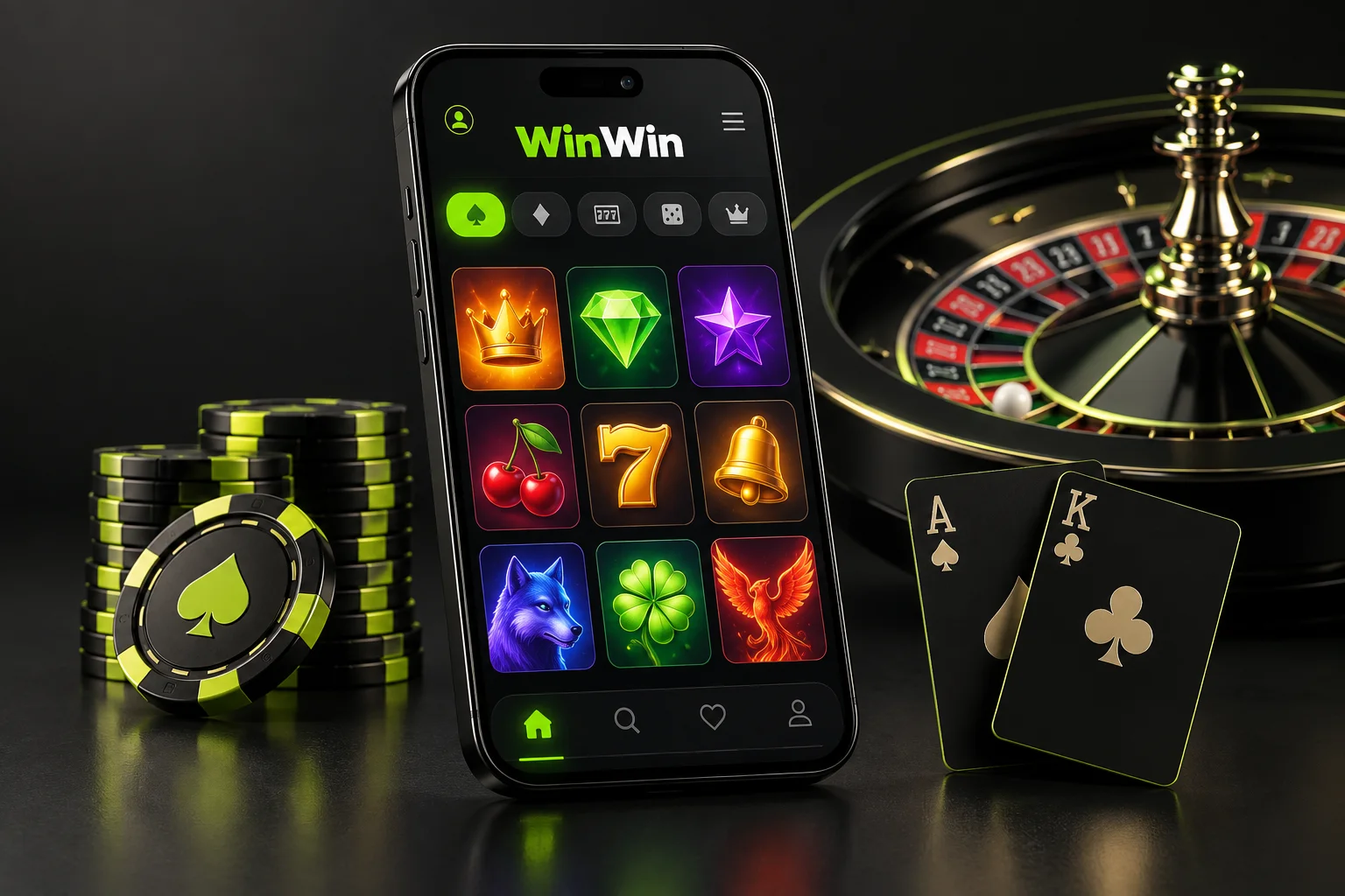Phone, roulette wheel and playing cards for WinWin
